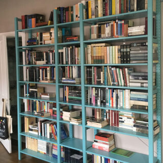 A wall of turquoise bookshelves